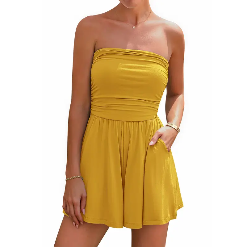 Summer Womens Romper 2026 Spring Strapless Tube Beach Vacation Clothes Ruffle Boho Loose Shorts Jumpsuits Pockets