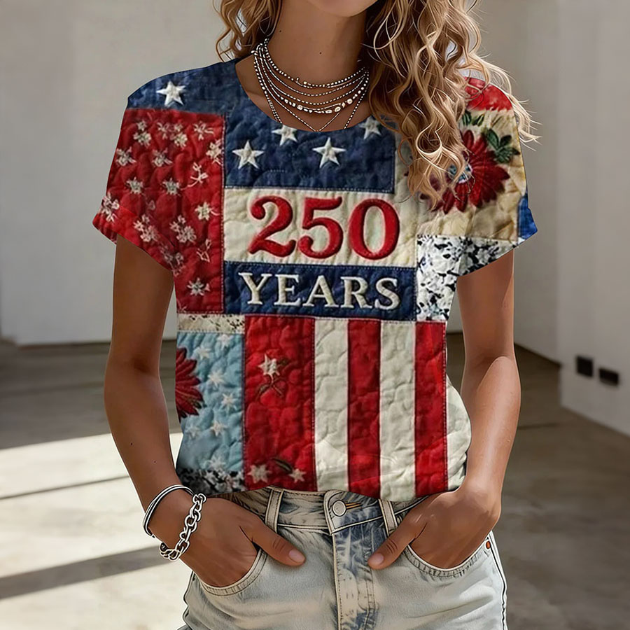 Women's Retro American Independence Day Commemorative Printed Round Neck Short Sleeve T-shirt