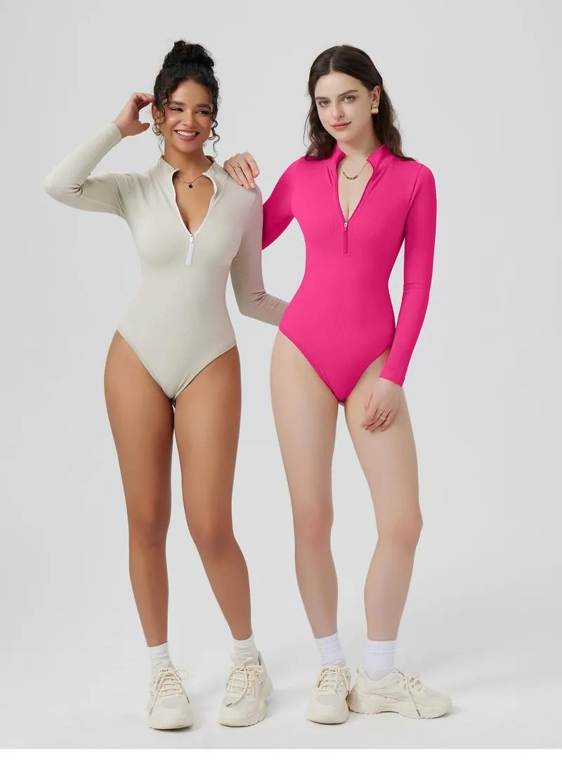Women's 2 Piece Bodysuits Sexy Ribbed One Piece Zip Front Long Sleeve Tops Bodysuits