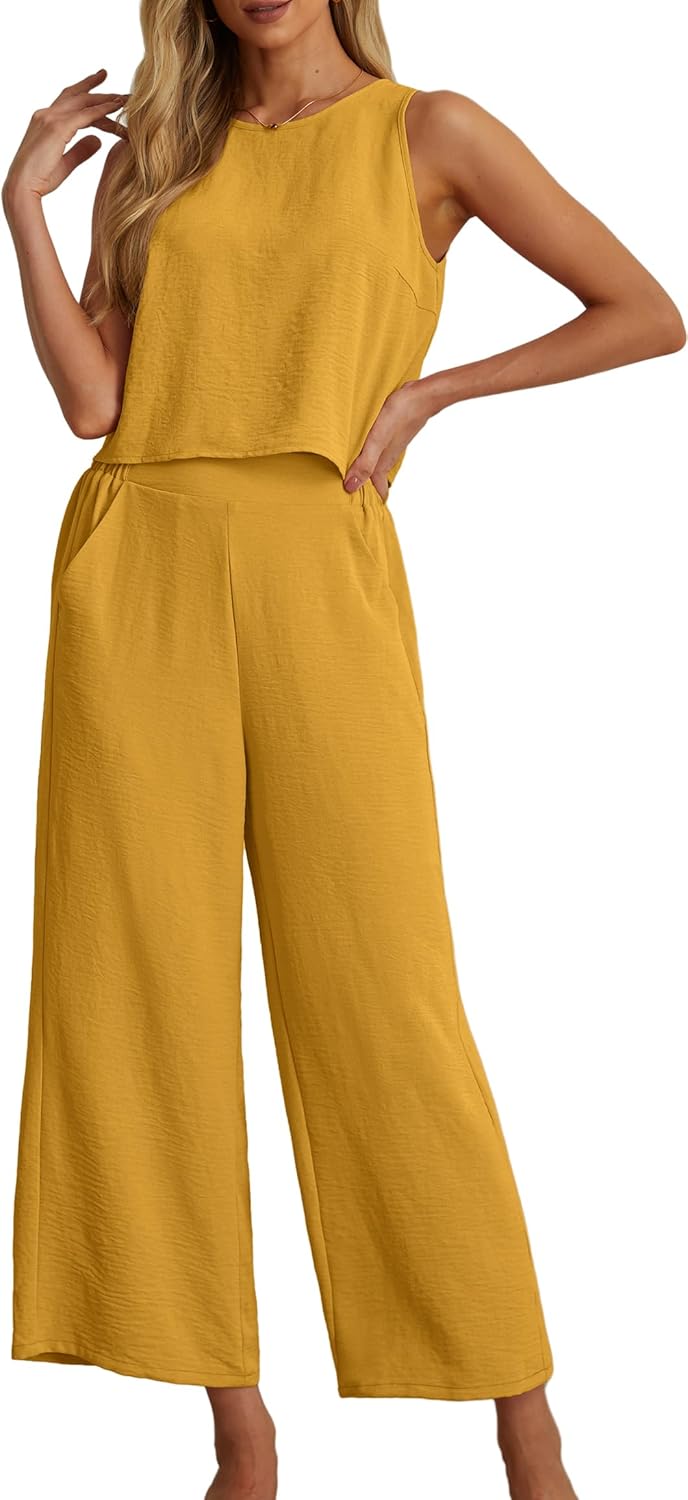 Women's Summer 2 Piece Outfits Set Round neck Sleeveless Tank Crop Top Wide Leg pants Set Pockets Jumpsuits