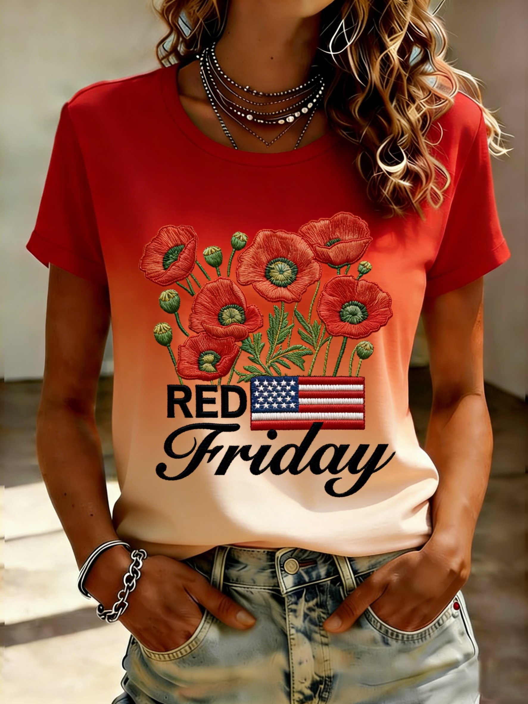 Women's Red Friday Poppy Print Casual Crew Neck Short Sleeve T-Shirt