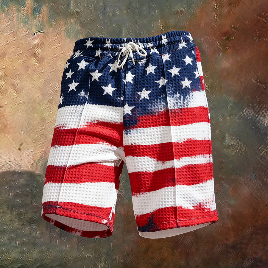 Men's Distressed American Flag Waffle Knit Drawstring Shorts