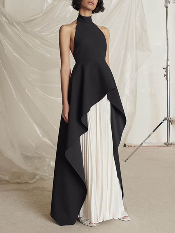 Original Sleeveless Irregularity Solid Color High-Neck T-Shirt Top&Pleated Skirt Bottom Two Pieces Set