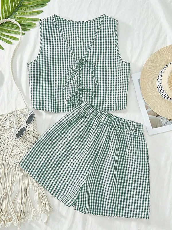 Women's Plaid Print Tank Top & High Waist Shorts Set