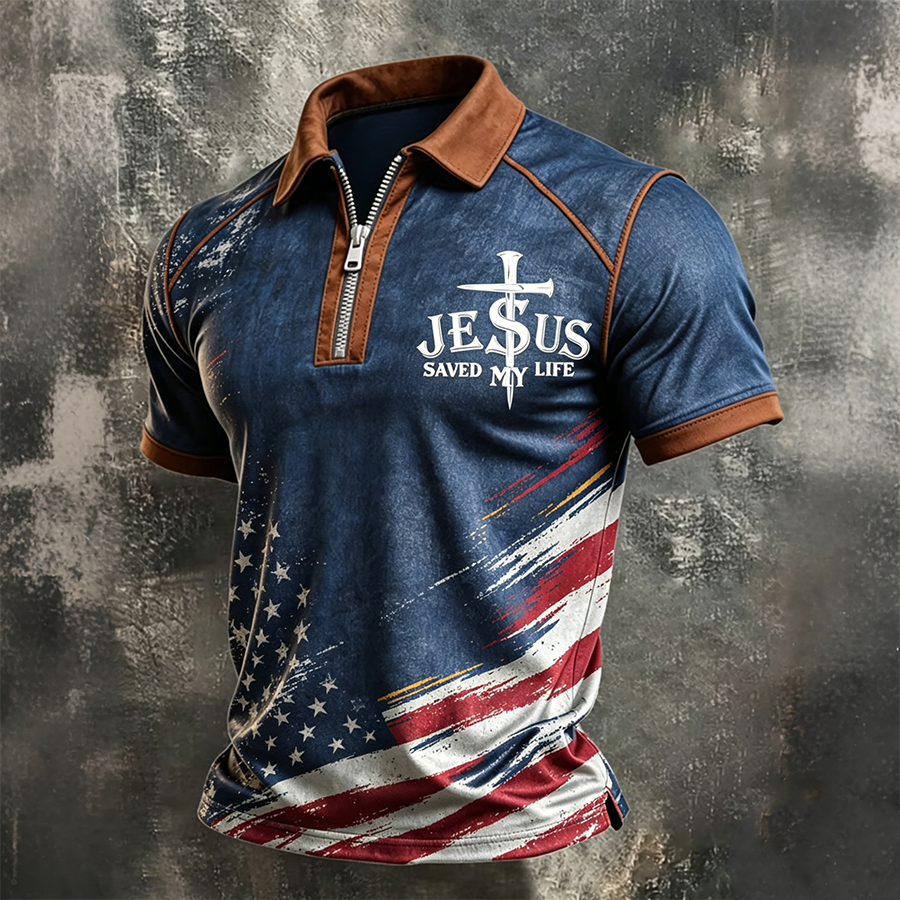 Men's Jesus Saved My Life USA Flag Christian Zip Polo Shirt