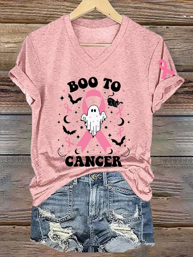 Women's Breast Cancer Awareness Halloween Boo To Cancer Ghost Pink Ribbon Print T-Shirt