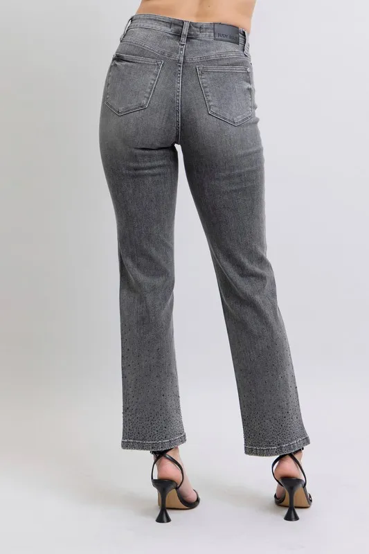 Blue Full Size High Waist Rhinestone Straight Jeans Plus Size