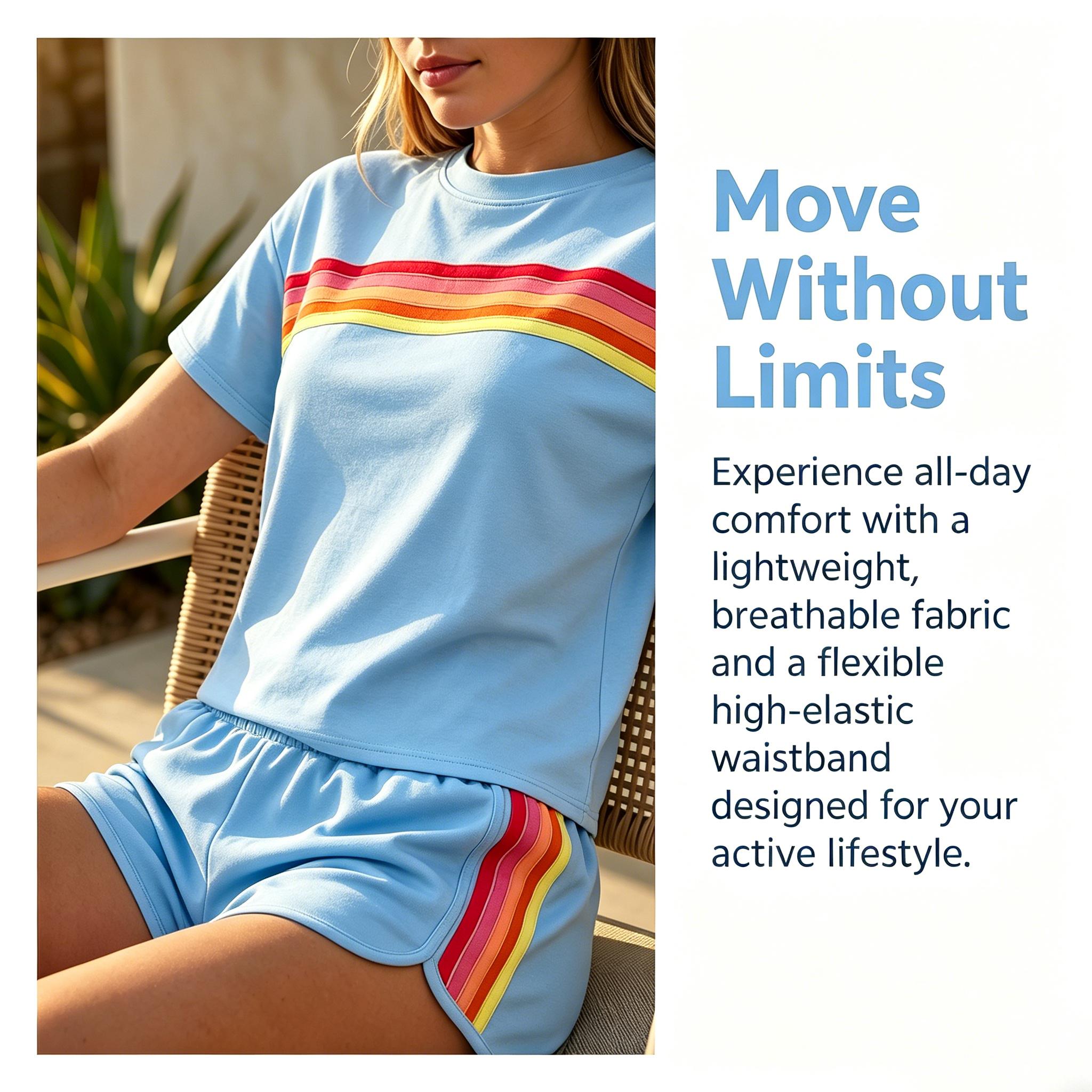 Women's Short Two-Piece Rainbow-Striped Outdoor Sports Set