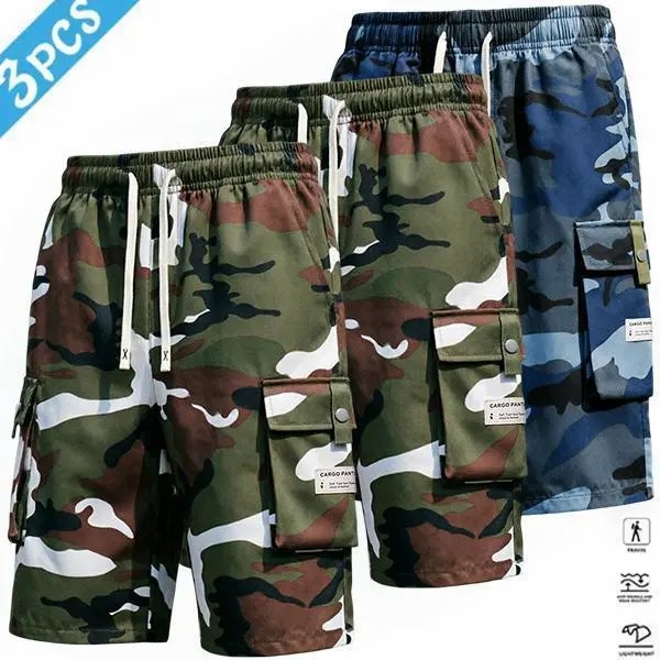 Men's 4-Piece Camo Cargo Capri Pants – Multi-Pocket, Drawstring Waist, Casual Streetwear