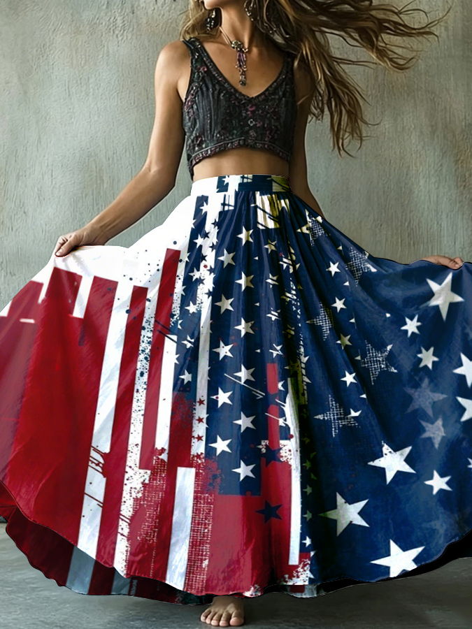 Women'S Linen Blended American Independence Day Printed Casual Skirt