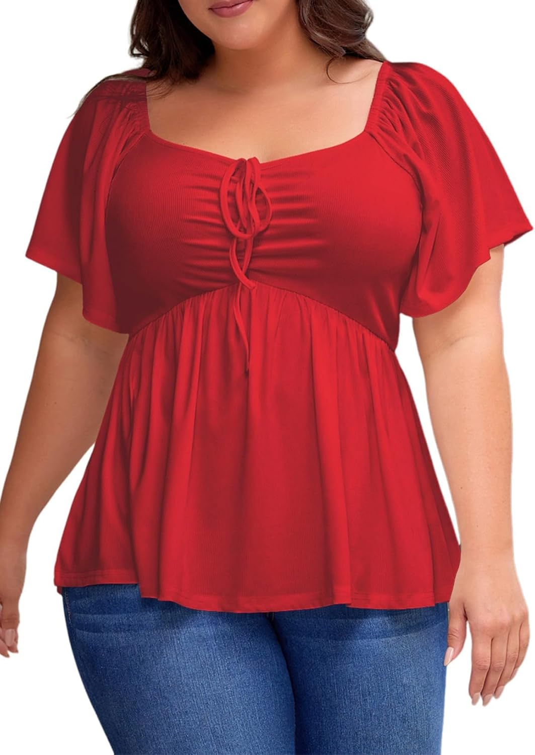 Womens Plus Size Tops Short Sleeve Sweetheart Neck Shirred Peplum Blouse Shirts
