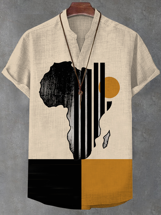 Men's Geometric Abstract Colorblock African Map Print  V Neck T-Shirt