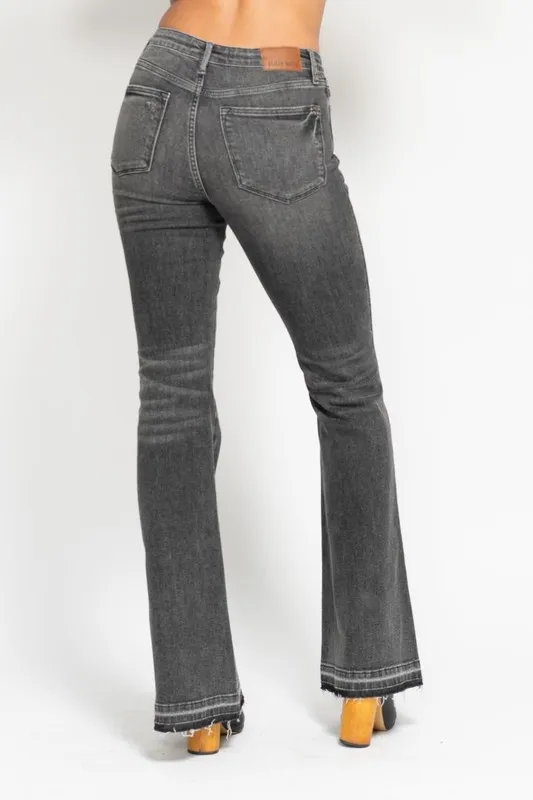 Blue Full Size Midi Rise Tummy Control Washed Gray Release Hem Flare Jeans Plus Size