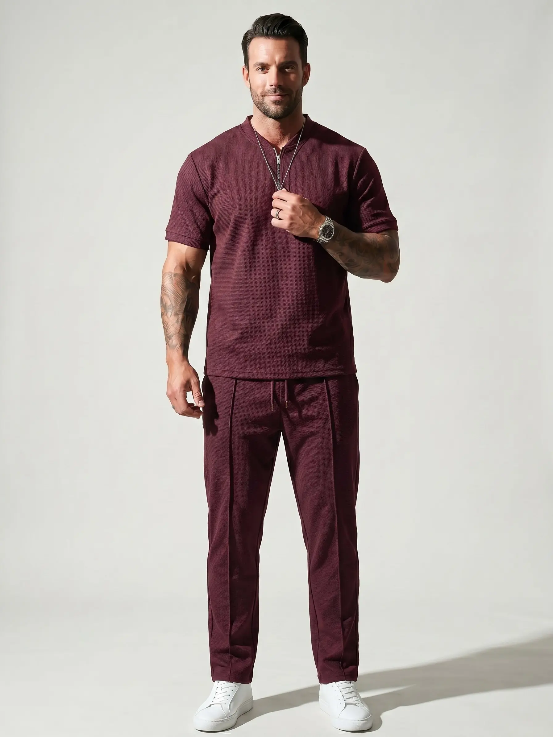 Men's 2-Piece Athleisure Wear Set - Solid Half-Zip Long Sleeve Jacket & Top-Stitching Waffle Pants