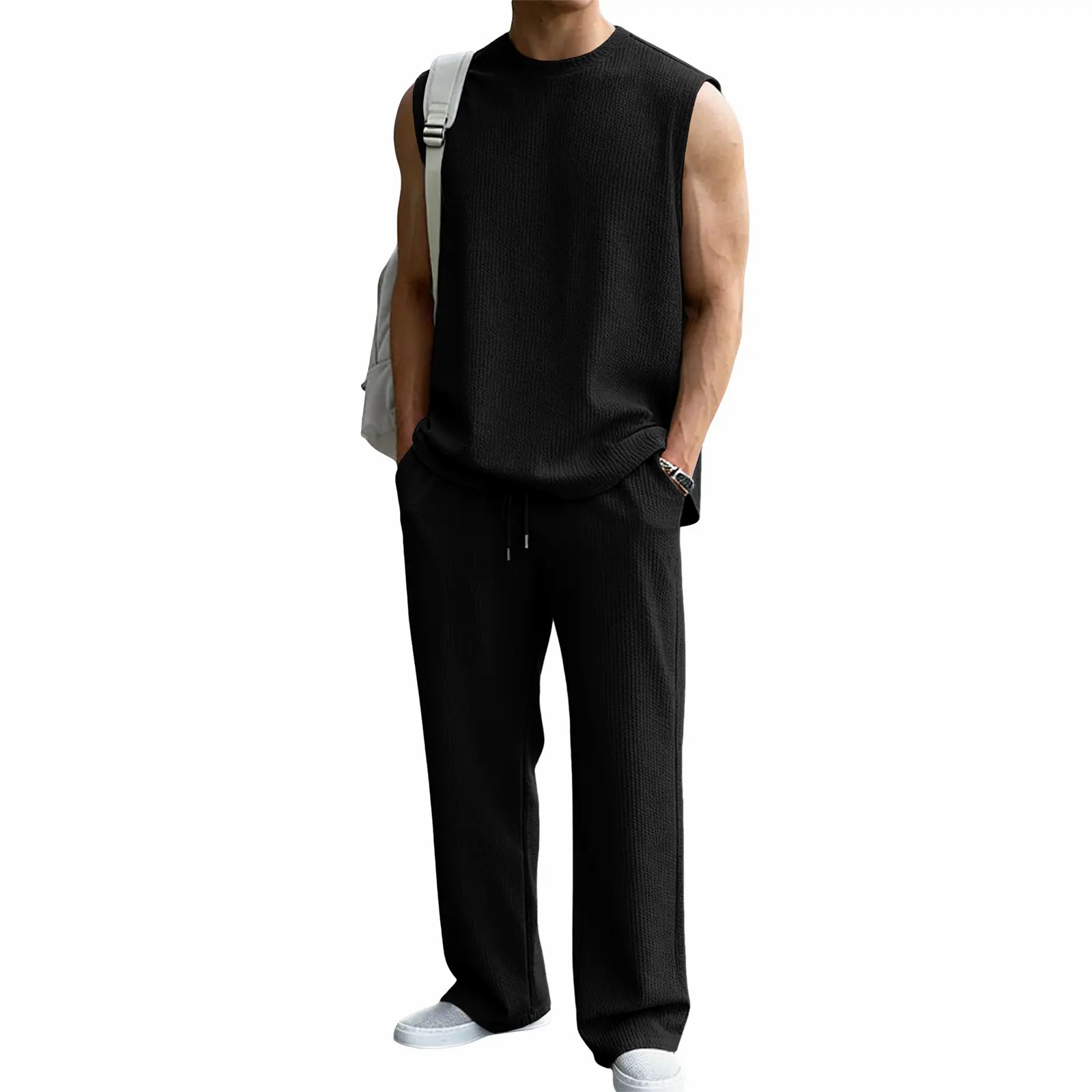 Men’s 2-Piece Ribbed Knit Sleeveless Sweatsuit Set – Summer Baggy Fit Tank & Wide Leg Pants