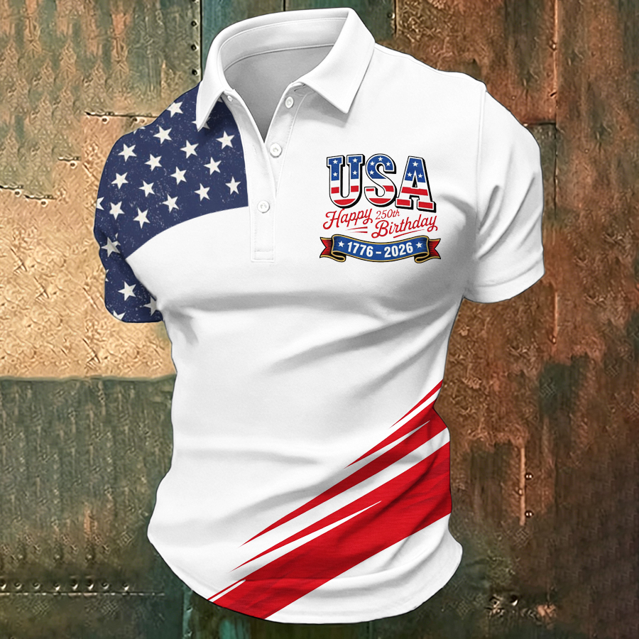Men'S Retro American Patriots Independence Day 250Th Anniversary Commemorative Lapel Short Sleeved Shirt