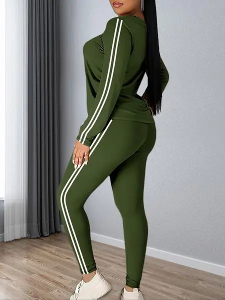 Women's Striped Print Long Sleeve Top & Pants Two-piece Set
