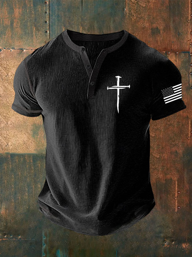 Women's Faith Cross American Flag Printed Waffle Top