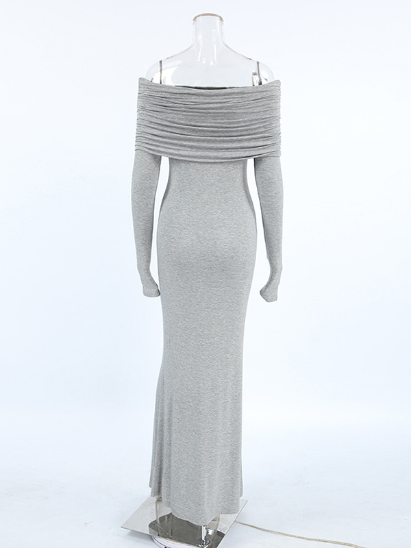 Pleated Solid Color Split-Joint Long Sleeves Skinny Off-the-shoulder Maxi Dresses Evening Dresses