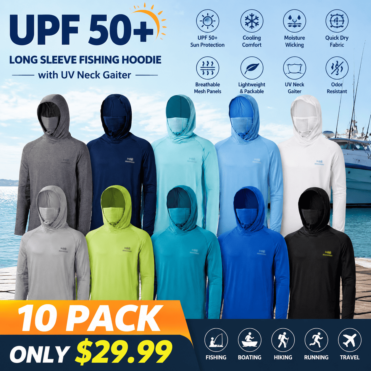 Men’s UPF 50+ Long Sleeve Fishing Hoodie with UV Neck Gaiter