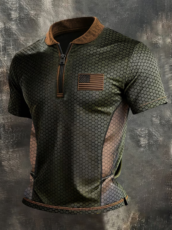 Men'S Retro American Flag Color Blocked Zipper T-Shirt