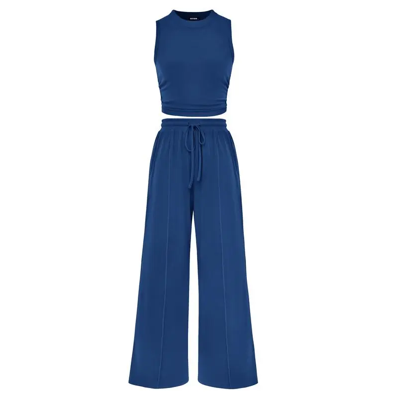 Women's 2-Piece Ribbed Knit Sleeveless Cropped Top & Wide Leg Pants