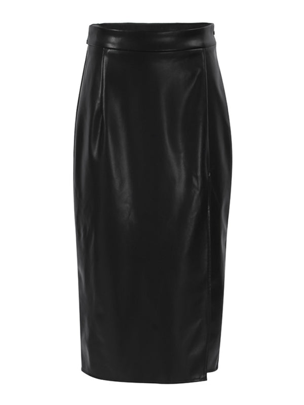Slit Pu Leather Skirt High Waist Bag Hip Skirt