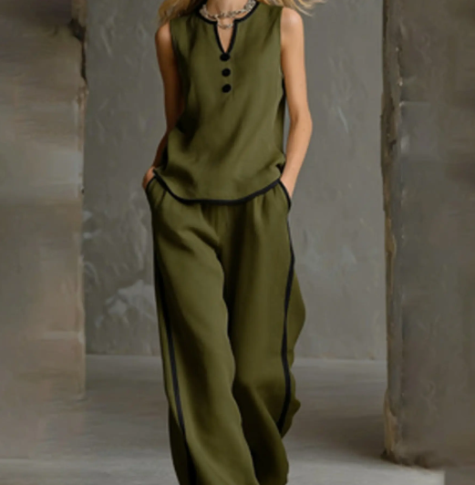 Women's Contrast Trim V-Neck Lounge Set - Sleeveless Wide Leg Pants Outfit - Mother's Day Gift