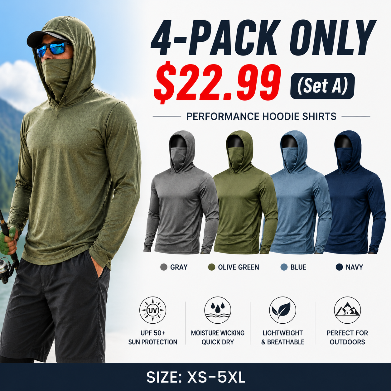 Men's UPF 50+ Long-Sleeve Sun-Protection Hoodie (with Sleeve Pocket and Face Mask)