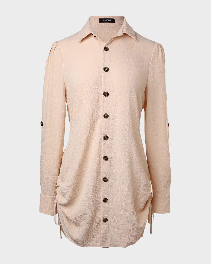 Long Sleeve Button Down Drawstring Shirt Dress