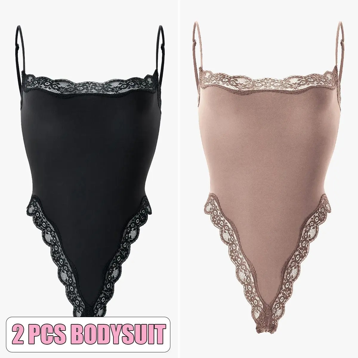 KatchMe Lace Series Women's Simple Style Spaghetti Strap Lace Trim Breathable Bodysuit