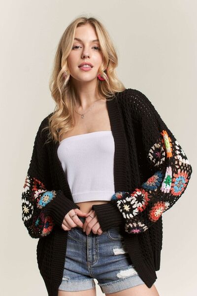 Full Size Contrast Crochet Open Front Long Sleeve Cardigan Plus Size