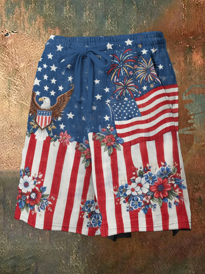 Men'S Casual Retro Independence Day Fireworks Flag Celebration Printed Shorts