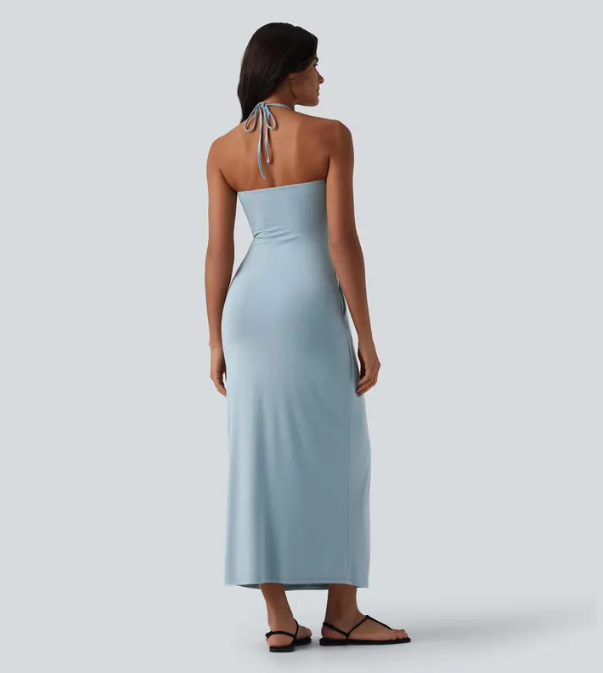 Women's Halter Tie Back Maxi Dress with Pockets