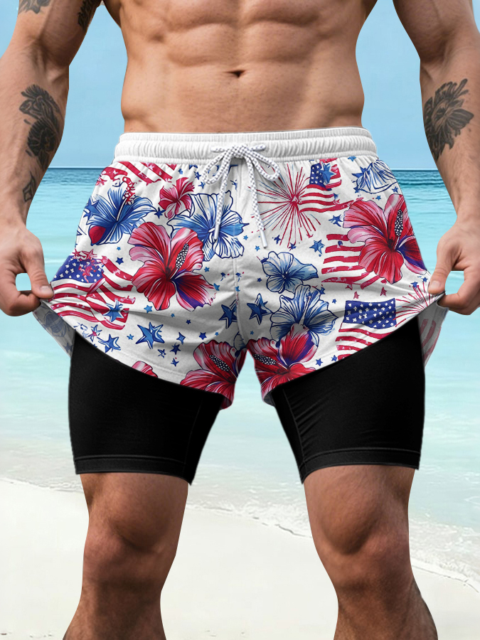 Men's Independence Day Celebration Printed Pattern Beach Vacation Slimming Double layer Sports Elastic Band Quick drying Breathable Shorts