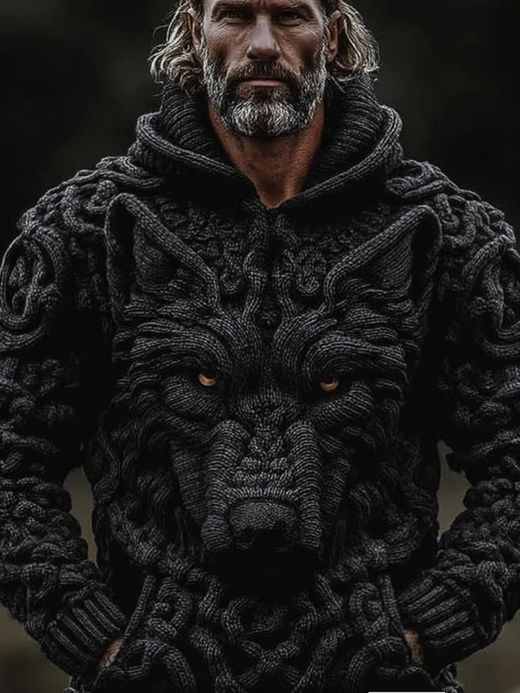 Men's Viking Wolf Style Celtic Thick Hooded Sweater