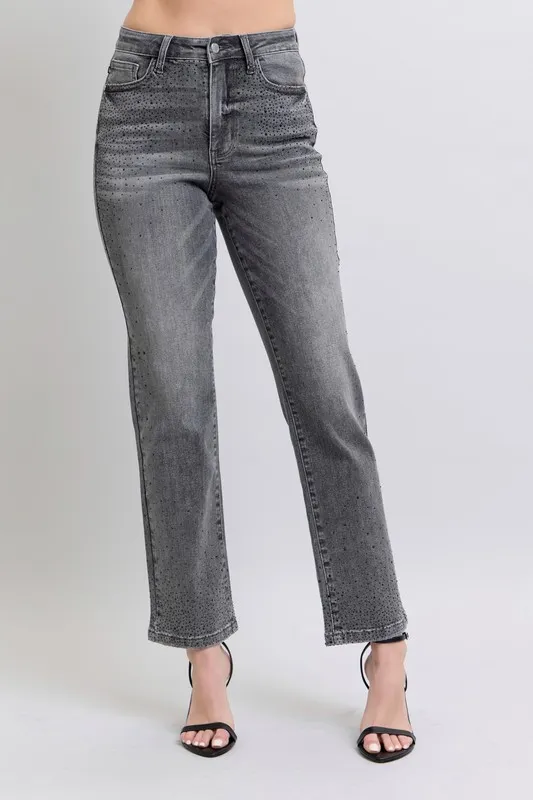 Blue Full Size High Waist Rhinestone Straight Jeans Plus Size