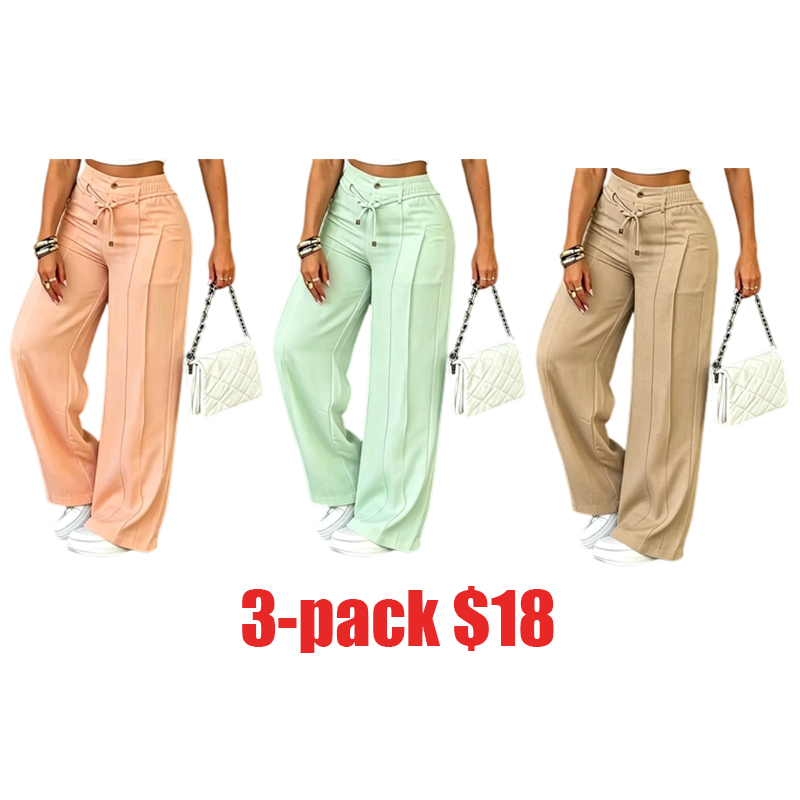 Women's High-Waisted Wide-Leg Trousers – Drapey Straight-Leg Casual Pants with Drawstring & Gold Button, Wrinkle-Resistant Summer Pants