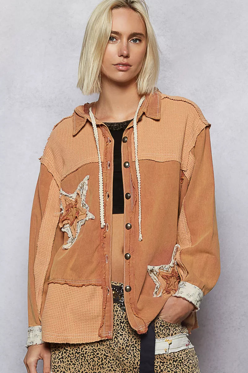 POL Button Down Hooded Jacket with with Star Patch Pattern