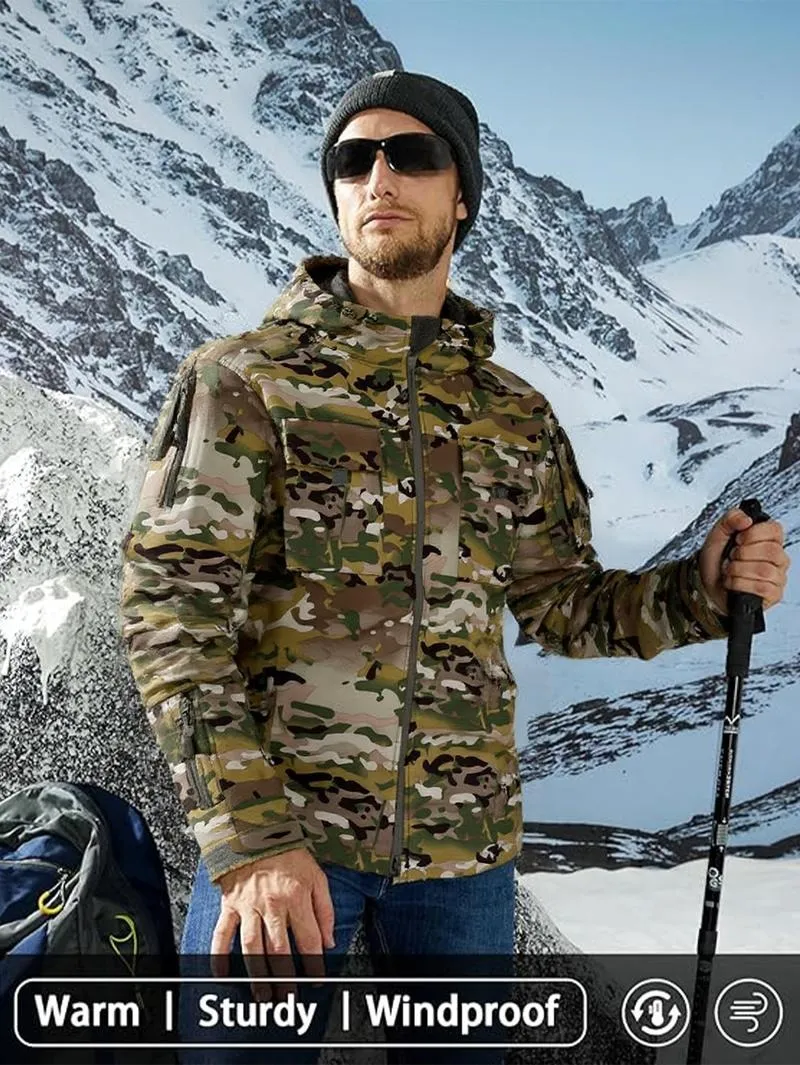 Men's Multi-Pocket Workwear Hooded Jacket, Fleece Waterproof Jacket