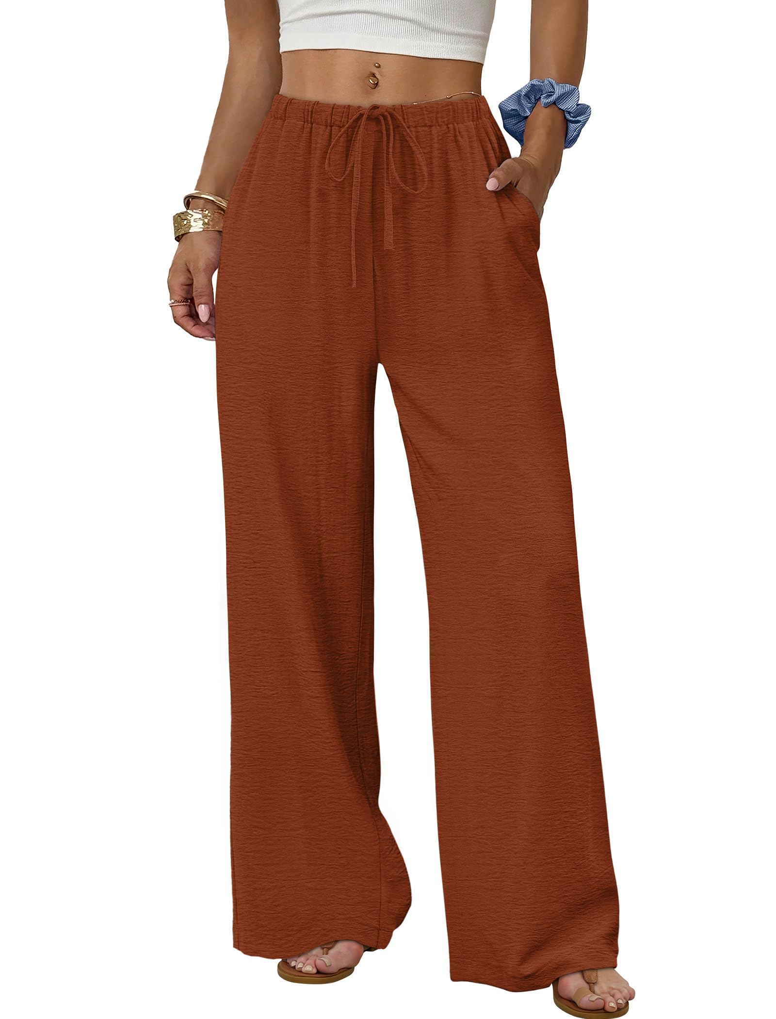 ✨ MAY SALE | Wide Leg Pants for Women Flowy Palazzo Drawstring Elastic Waist Trousers with Pockets-100% Cotton✨