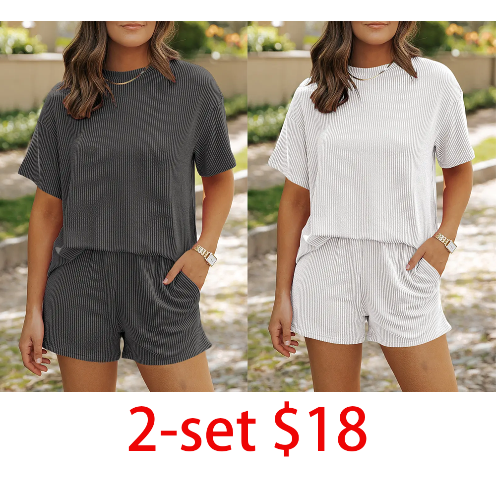 Women's 2-Piece Short Sleeve Twisted Thread Shirt & Shorts Set – Ribbed Textured Lounge Pajamas with Pockets