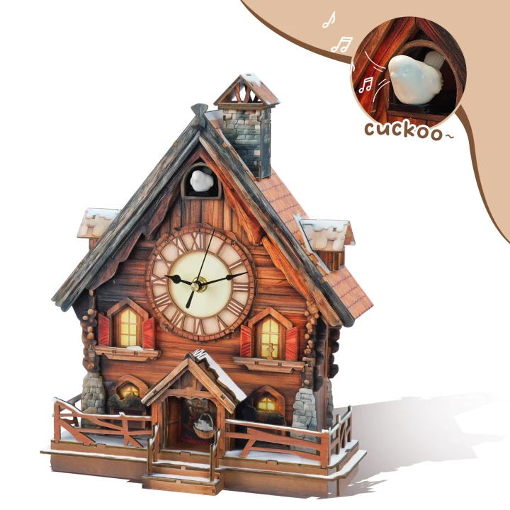 Cuckoo Chiming Swiss Chalet DIY Wood Clock, 3D Puzzle Kit