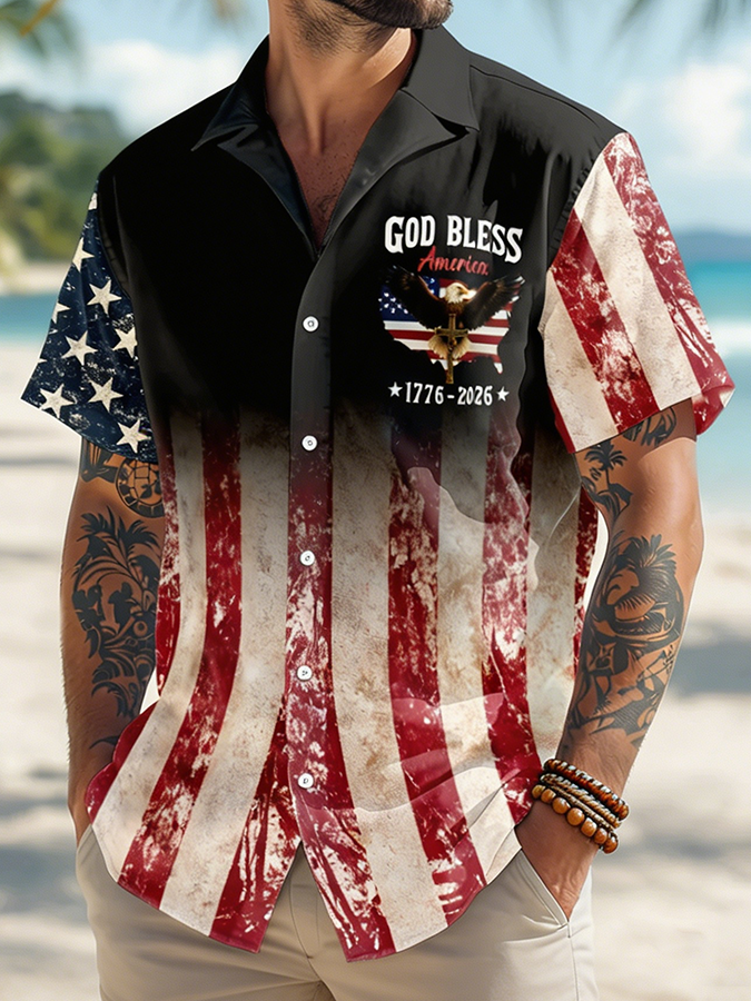 Men's God Bless America 1776-2026 Bald Eagle Gradient American Flag Shirt