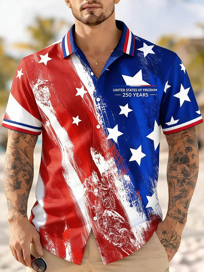 Men'S Casual American Flag Color Blocked Art Print Hawaiian Shirt
