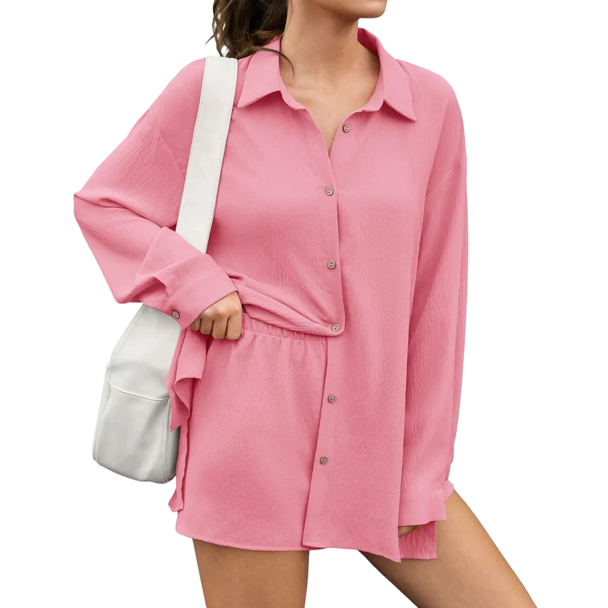 Womens Gauze Shirt & Shorts Set 2-in-1 Button Connected Oversized Long Sleeve Button-Down Top with Attachable Safety Shorts