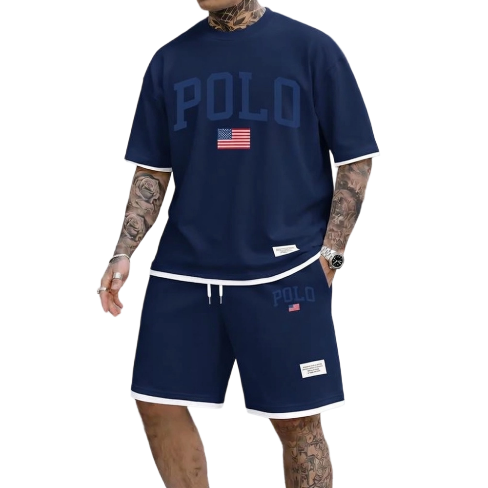 Men's Polo Print Drawstring Shorts Set