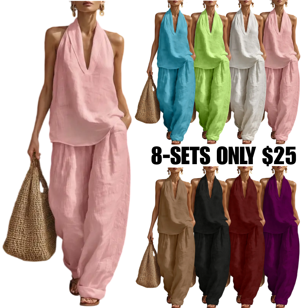 Women's Halter Neck Linen Two Piece Outfit – Casual Sleeveless Top and Wide Leg Pants Set