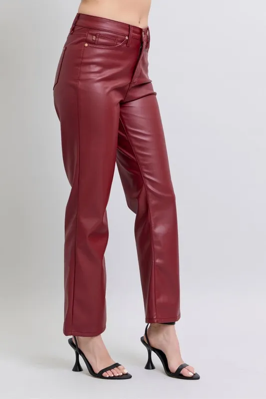Blue Full Size High Waist Tummy Control Faux Leather Straight Pants Plus Size