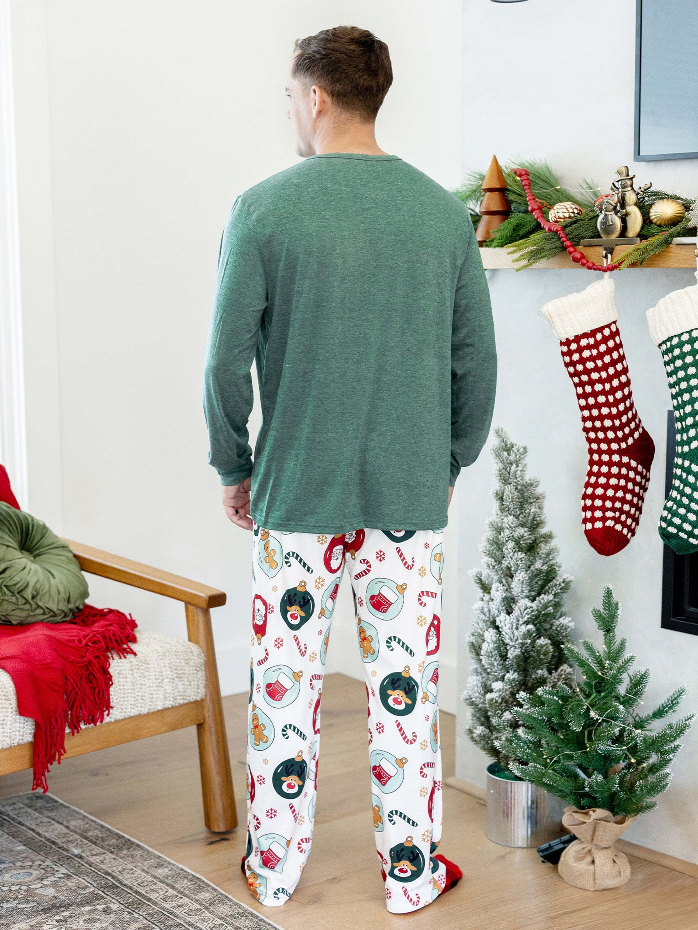 Christmas Matching Family Pajamas Set Reindeer and Santa Claus PJS with Christmas Socks Green